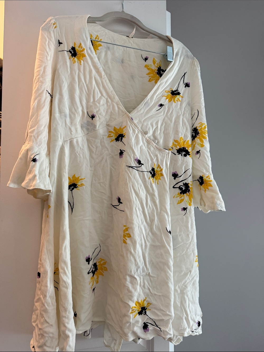 Free People Cream Floral Long Sleeve Dress with Yellow & Black Print
